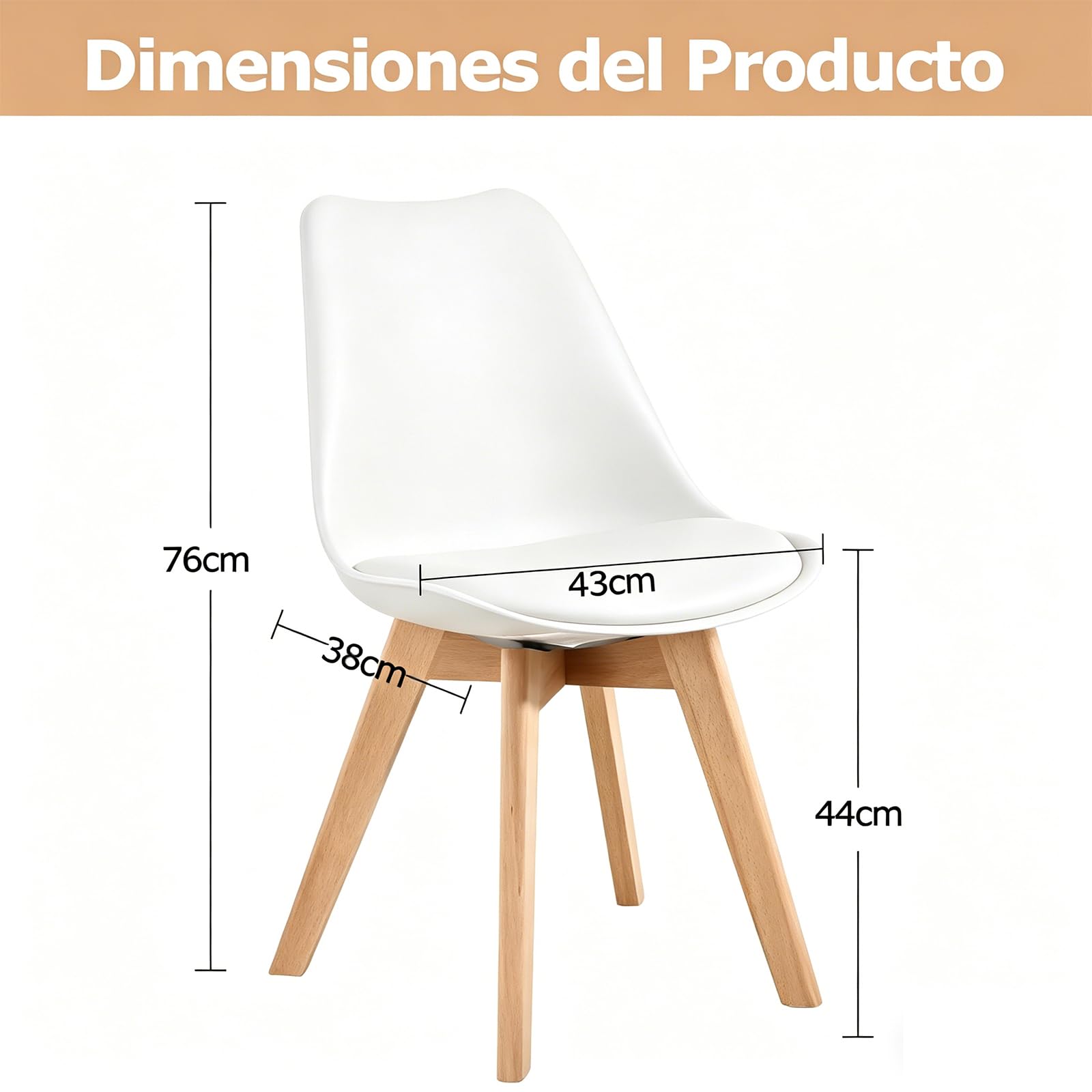 Sillas de Comedor, Pack 4 Sillas Comedor Nórdico, Sillas Cocina con Asiento Tapizado y Las Piernas de Madera de Haya Maciza, Blanco