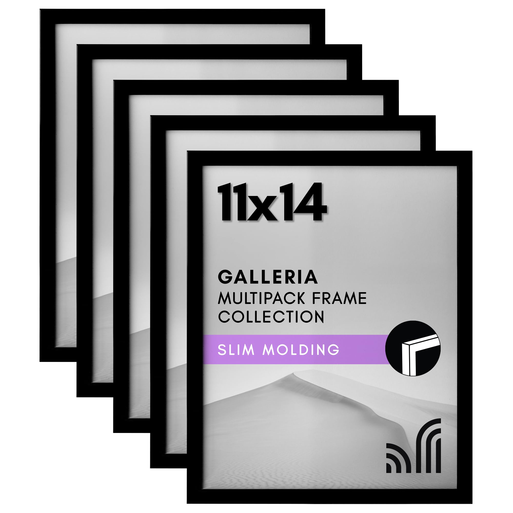 Americanflat 11x14 Picture Frame with Polished Plexiglass - Set of 5 - Galleria Collection - Picture Frames for Wall Display - Black