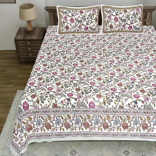 Image of Living Roots Jaipuri Hand Block Print Double Cotton Bedsheet & 2 Pillow Covers, for Mattress Upto 8 inches Thick, No Colour Bleeding, Pink Colour, Super King Size 96 * 104 inches, 150TC (574-C)