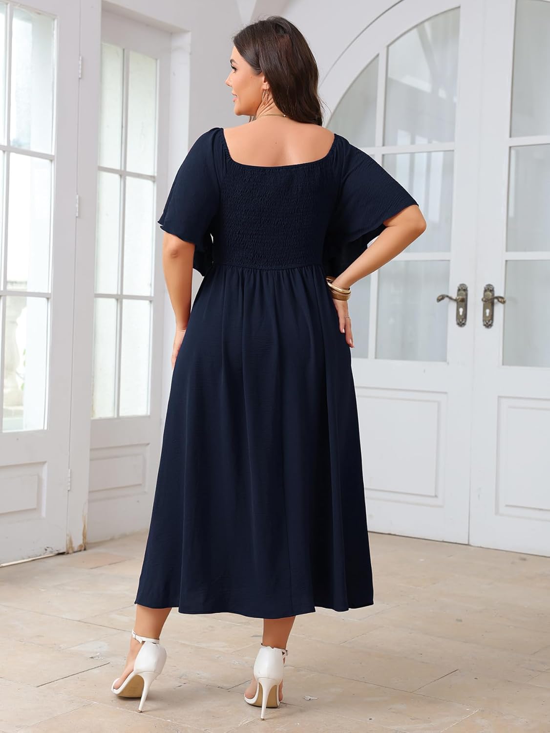 Women's Plus Size Dress Short Sleeve Square Neck Smocked Side Split Flowy A Line Long Maxi Dress - Image 4