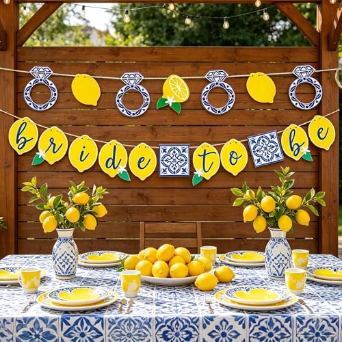Image of Lemon Bridal Decorations Capri Lemon Engagement Banner Blue Tiles And Bride to Be Banner Fruit Theme Bachelorette Party Decoration