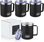12oz Mug de café isolé avec poignée, gobelets de voyage large bouche en acier inoxydable avec limace, tasse à vide double mur pour le camping, bureau, l'armée verte paquet de 4