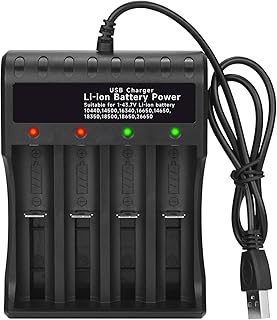 18650 Battery Charger 4 Bay for Rechargeable Batteries 3.7V Li-ion 123A CR123A, 10440, 14500, 16340, 16650, 14650, 18300,13350, 18500, 18650, 26650 with USB Charger