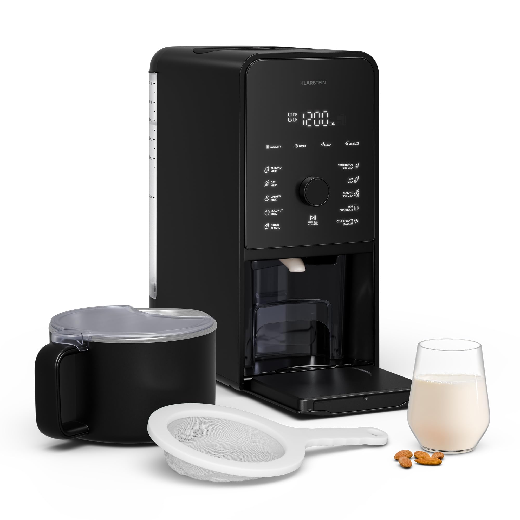 Klarstein Marcia Touch Macchina per il Latte Vegetale, 1200W, 12 Programmi, Autopulente, Display LCD, Brocca 1.2L Acciaio, per Latte di Mandorle, Avena & Noci
