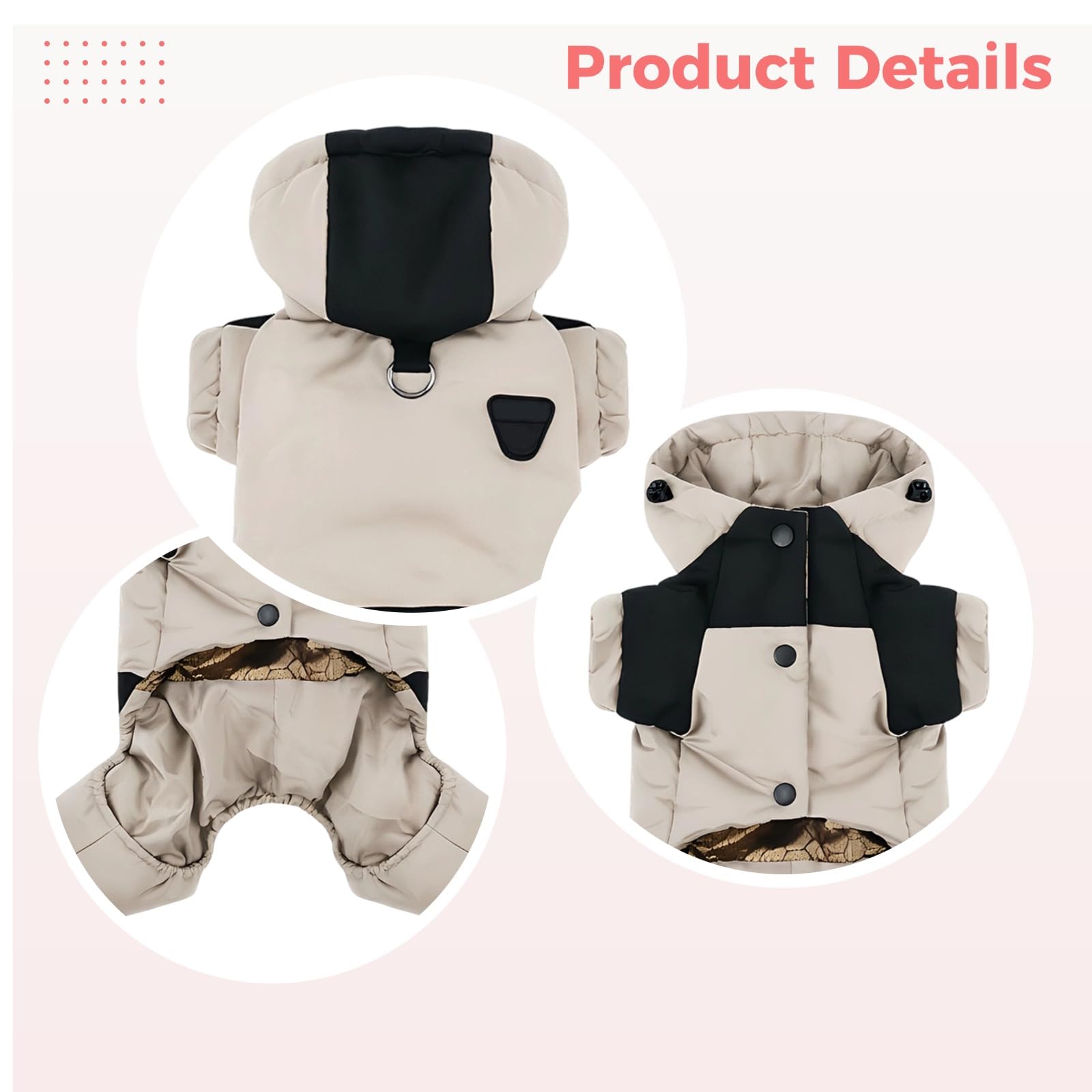 Abrigo para perro con capucha, traje de nieve rosa para perros, chaqueta impermeable de poliéster para invierno, ropa ajustable para perros pequeños, beige