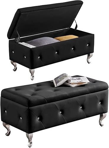Betoko Banco de almacenamiento de poliuretano de 38.9 pulgadas, banco otomano de piel sintética con botón de almacenamiento copetudo, bancos de