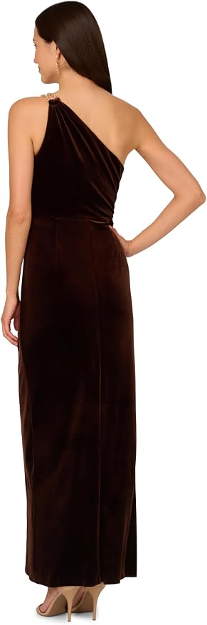 adrianna papell brown velvet dress One Shoulder Draped Velvet Gown With Chain Accent In Emerald
