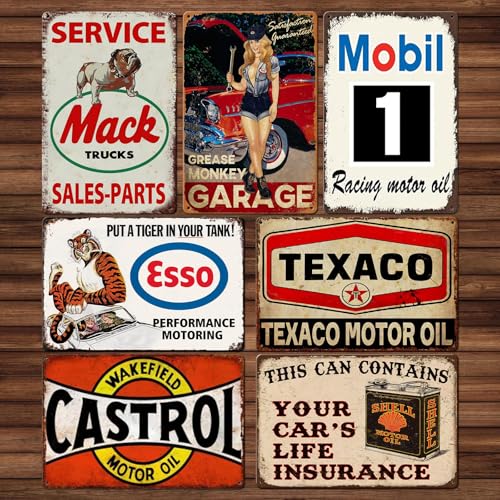 WANDGU Garage Plaques Métalliques Rétro : Ensemble de 7 Affiches en Métal, Plaque en Tôle Atelier, 20 x 30 CM Design Vintage Nostalgique Auto Ancienne...