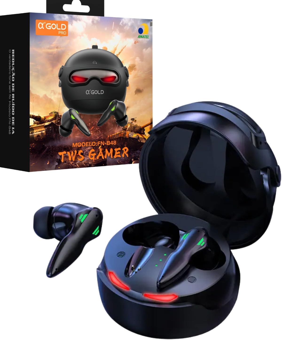 Fone de ouvido Bluetooth gamer A'Gold FN-B48 TWS em preto, com luzes LED verdes e vermelhas, apresentado com estojo preto arredondado aberto e caixa do produto ao fundo. Fundo branco.