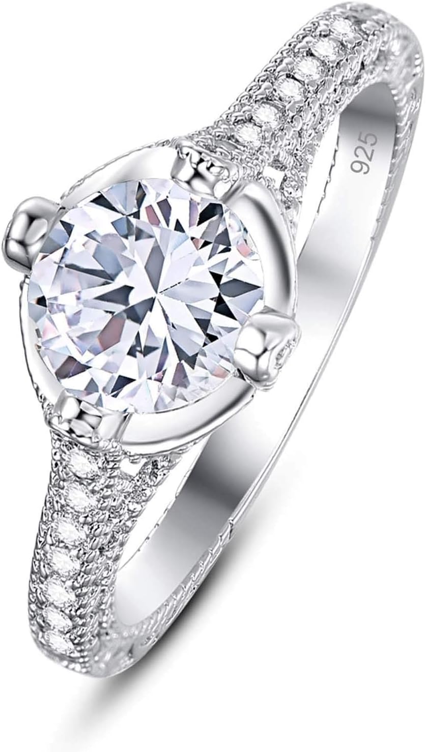 925 Sterling Silver Plated Created Rainbow Topaz Round Cut Solitaire Statement Eternity Promise Ring Engagement Wedding Bands for Women