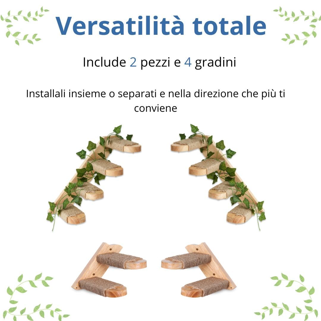 Scala per gatti bidirezionale, scaletta da parete resistente ed elegante, mensola da parete in legno massiccio con corde di iuta