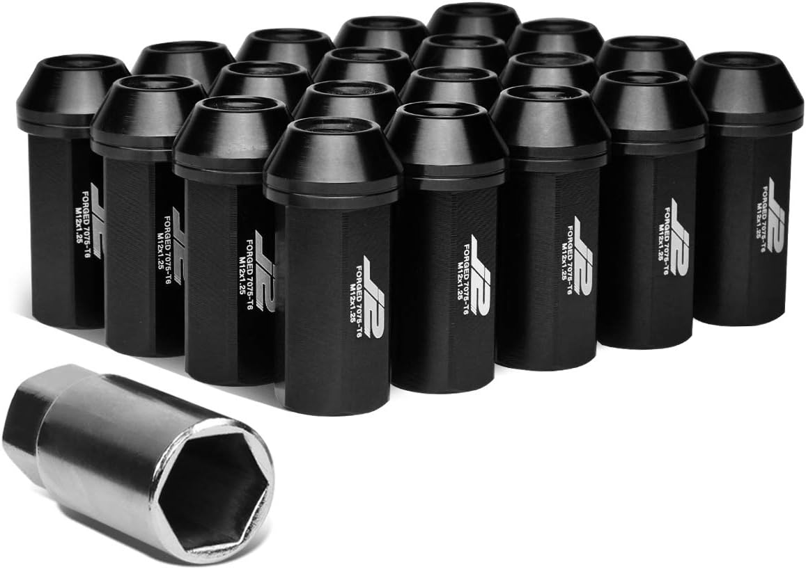 LN-T7-005-125-BK 20Pcs M12 x 1.25 7075-T6 Aluminum 50mm Close-End Lug Nut w/Socket Adapter (Black)