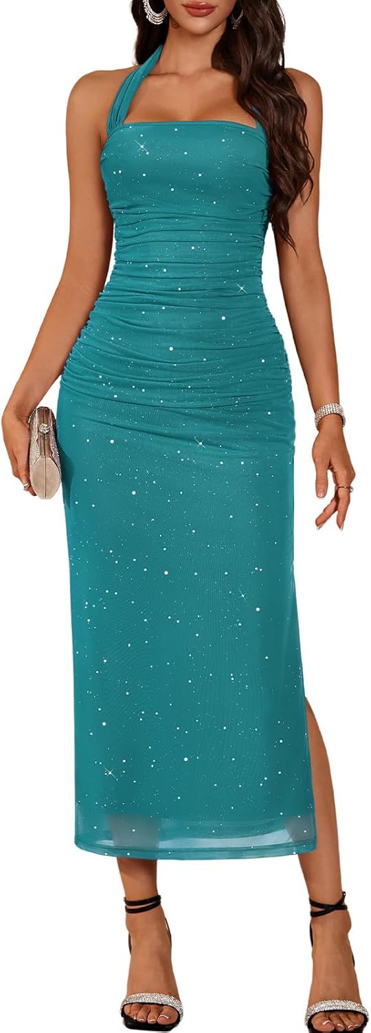 DRESSTELLS Women's Sparkly Formal Dress 2026, Halter Ruched Wedding Guest Dress, Sequin & Stretchy Mesh - Image 7