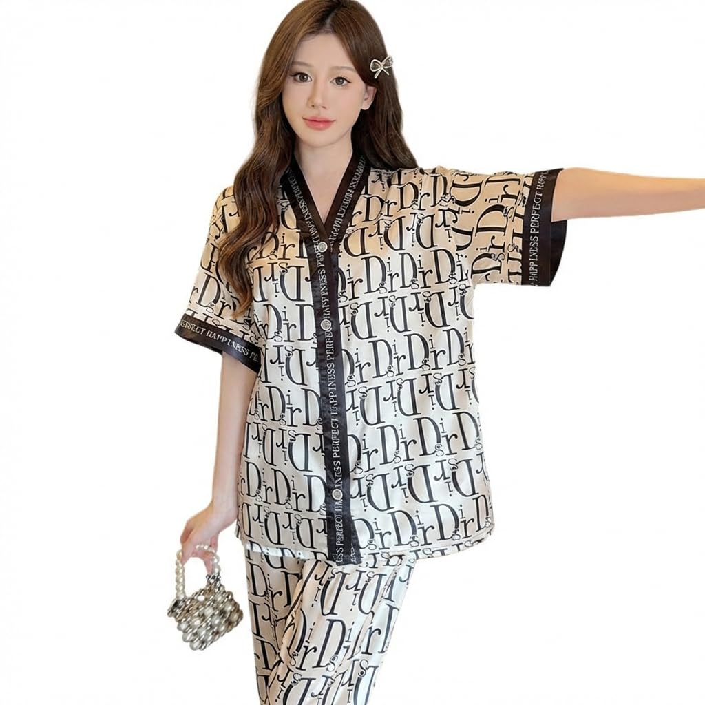 it&c Imported Silk Satin Pajama Set, Floral Pattern, Silky-Touch, Shiny-Look Half Sleeve V-Neck Top with Full Length Trousers, 2-Piece Loungewear Sleepwear for Women and Girls-picture-57