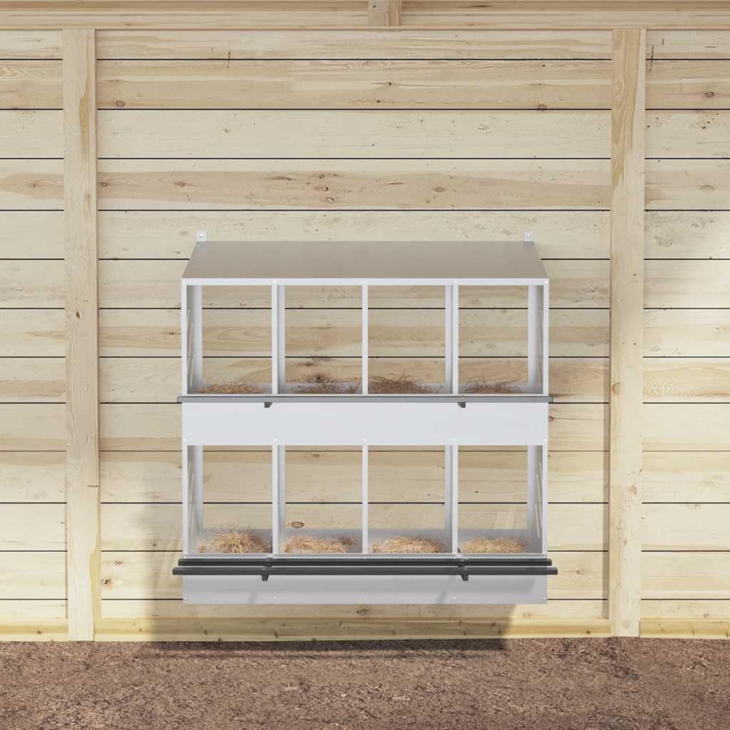 Budka lęgowa dla kur z 8 przegrodami z ocynkowanego srebrnego metalu, 106,5 x 79 x 109,5 cm, z wejściem na drążek, otworami wentylacyjnymi, zdejmowanym dnem do ogrodu i stajni