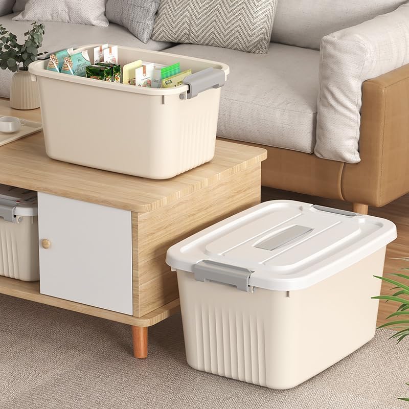 Image of Ash & Roh Plastic Storage Box /Bin /Container with Locking Lid - Sturdy and Versatile Home Organizer, Available in Multiple Size. (1, CREAM, small-17cm X25cm X13 cm)