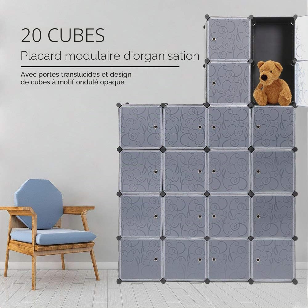 DDMINE Armoire XXL 20 Cube Portable, Étagère de Rangement pour Vêtements et Chaussures, Penderie en Plastique avec Portes, Grande Capacité (Noir Blanc)