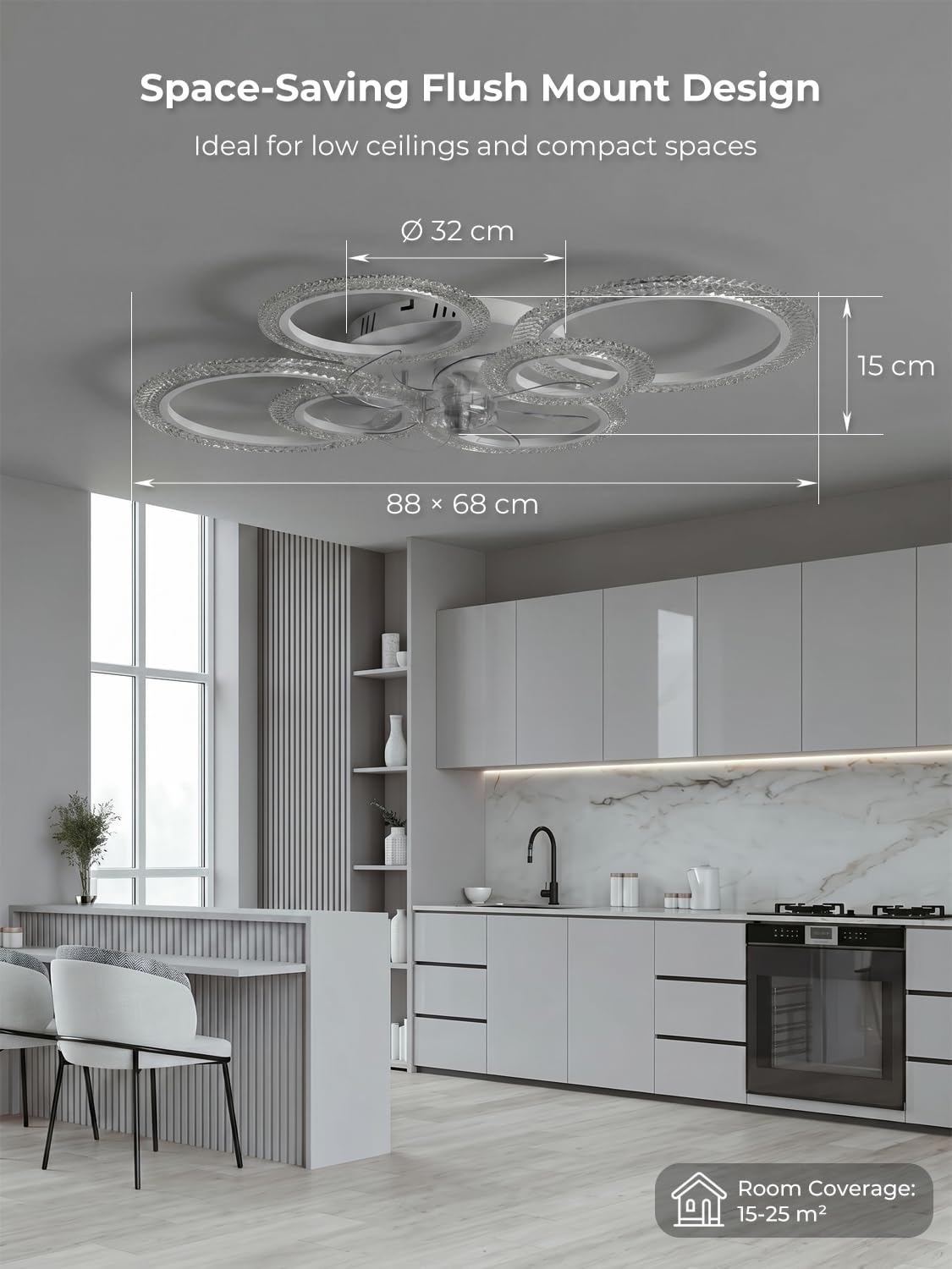 Ventilatore da Soffitto con Luce LED Dimmerabile, Plafoniera Moderna 88cm con Pale Trasparenti e Telecomando/App, Motore DC Silenzioso Reversibile per Camera da Letto, Soggiorno e Cucina