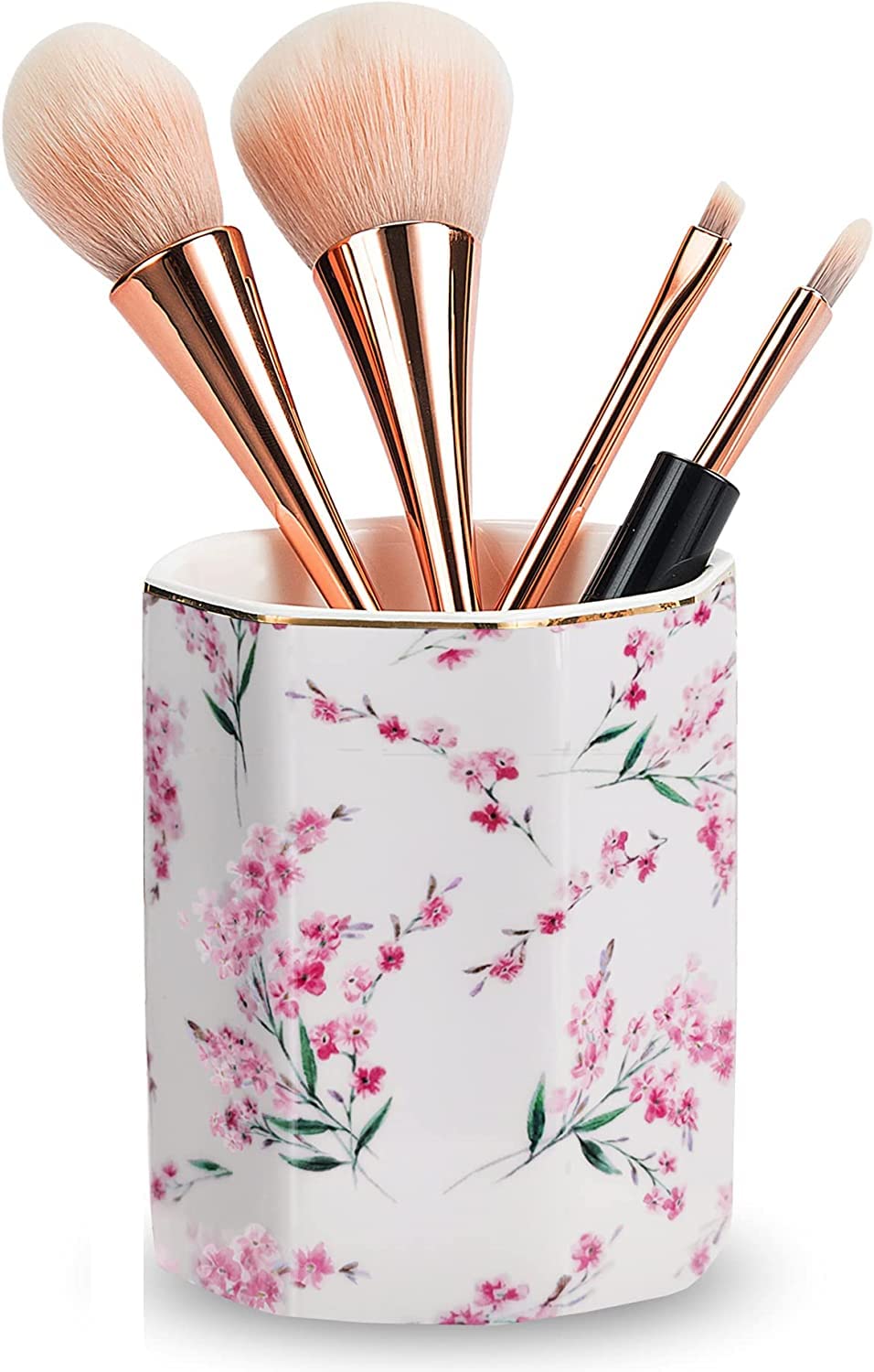 MIGZOE Pen Holder, Ceramic Pencil Holder, Cute Flower Pattern Makeup Brush Cup for Girls Kids Women, Desk Organizer for Office Classroom Home (Small Pink Floral)