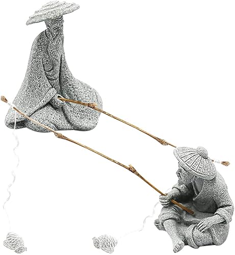 Happyyami Mini estatua de pescador arenisca chino Oldman sentado Pesca Jardín Estatua de pecera Ornamento Asiático Bonsai Pot Decoración 2pcs