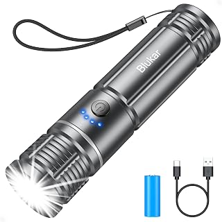 LED Flashlight Rechargeable, Blukar Super Bright Adjustable Focus Flashlight with 5 Lighting Modes - Upgraded LED Beads, IPX6 Waterproof, Long Lasting for Camping, Hiking, Emergency, Outdoor-Grey