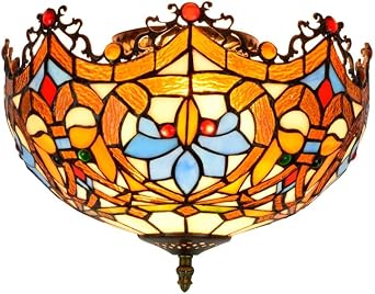 12 Inches Tiffany Flush Mount Ceiling Light, Large Stained Glass Uplighter Lamp Love Beads Vintage Style Deco Chandelier for Living Dining Room Bedroom Corridor