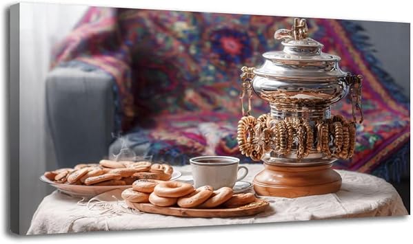Large Wall Art Prints 20"x40" Russian traditions Tea drinking samovar Still life bagels bagels Framed Canvas Wall Art Painting Artwork Poster Picture Wall Decor for Living Room Bedroom Hanging