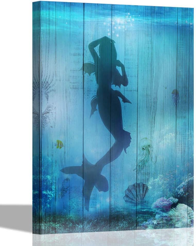 Canvas Wall Art Teal Blue Mermaid Painting Sea World Pictures, Modern Seashell Coral Seascape 16"x20" One Panel Landscape Artwork for Bedroom Living Room Bathroom Wall Decor