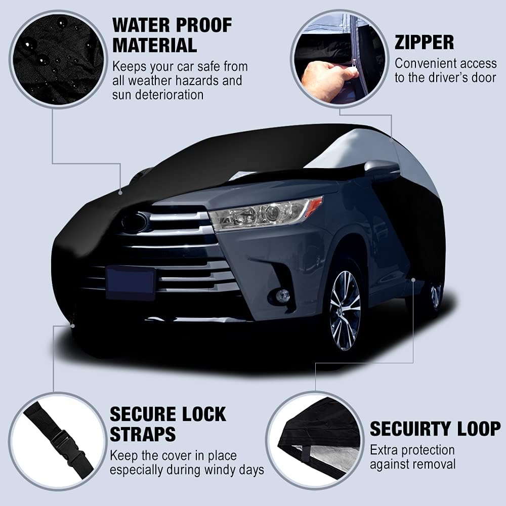 Titan Lightweight Mid-Size SUV Car Cover (Black Pearl) for Ford Explorer, Jeep Grand Cherokee, and More. Waterproof Cover Measures 206 Inches and Includes a Driver-Side Door Zipper.