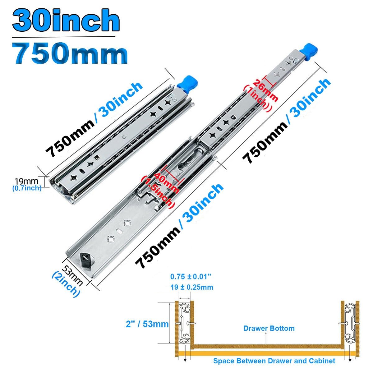 Scorrevoli lunghi per cassetti con chiusura completa, 750 mm, con guide da 1500 1100 mm, meccanismo di blocco e blocco per Smooh Operaion