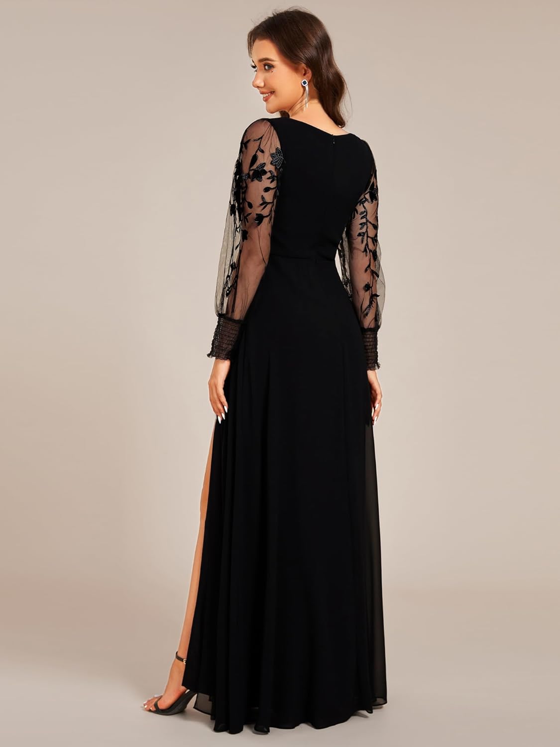Ever-Pretty Women's Elegant V Neck Floral Sheer Long Sleeves Slit Chiffon Maxi Evening Dresses 02251 - Image 2