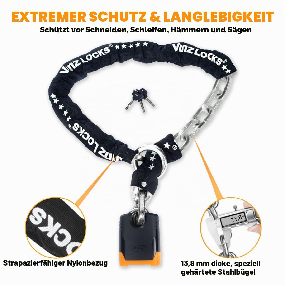 VINZ Batura Motorradschloss 120cm | Massives Kettenschloss 13,8mm Dicke Kette aus Gehärtetem Stahl | Rollerschloss | ART 5 Panzerschloss 120-200 cm