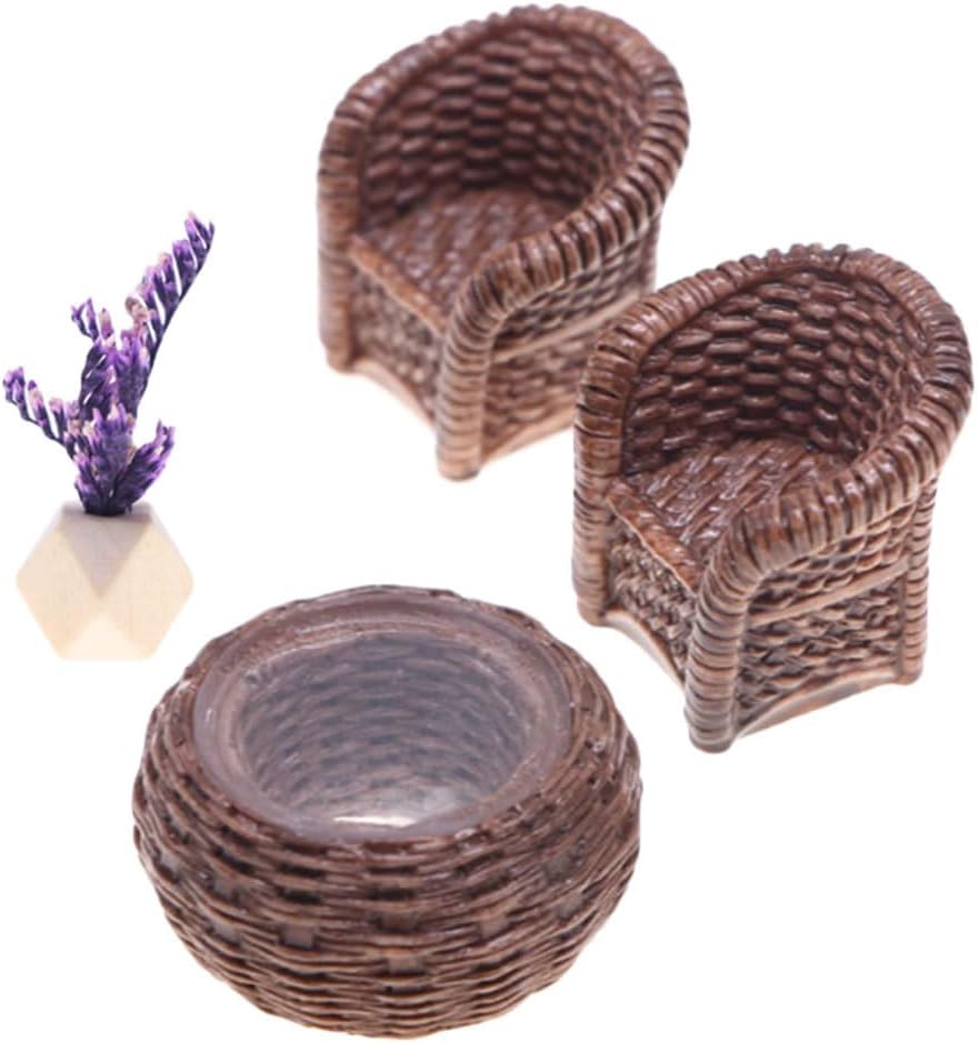 Veemoon Miniature Wicker Dollhouse Furniture Dining Table and Chairs with Side Table Realistic Model for