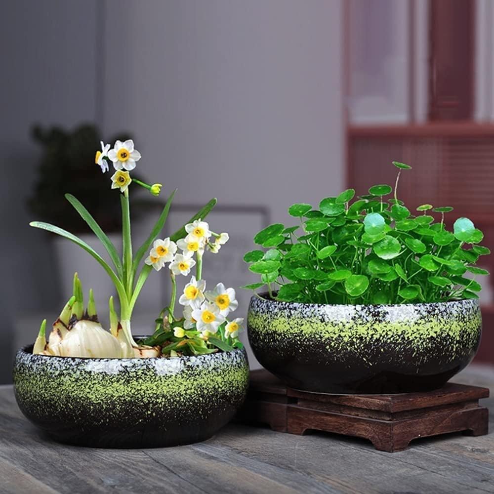 Ceramiczna doniczka na kwiaty, 18 cm, retro, okrągła, duża, płytka, glazurowana, doniczki, na zewnątrz, sukulenty, doniczki, bonsai, ogród, dekoracyjny parapet, dekoracja ogrodowa, prezent
