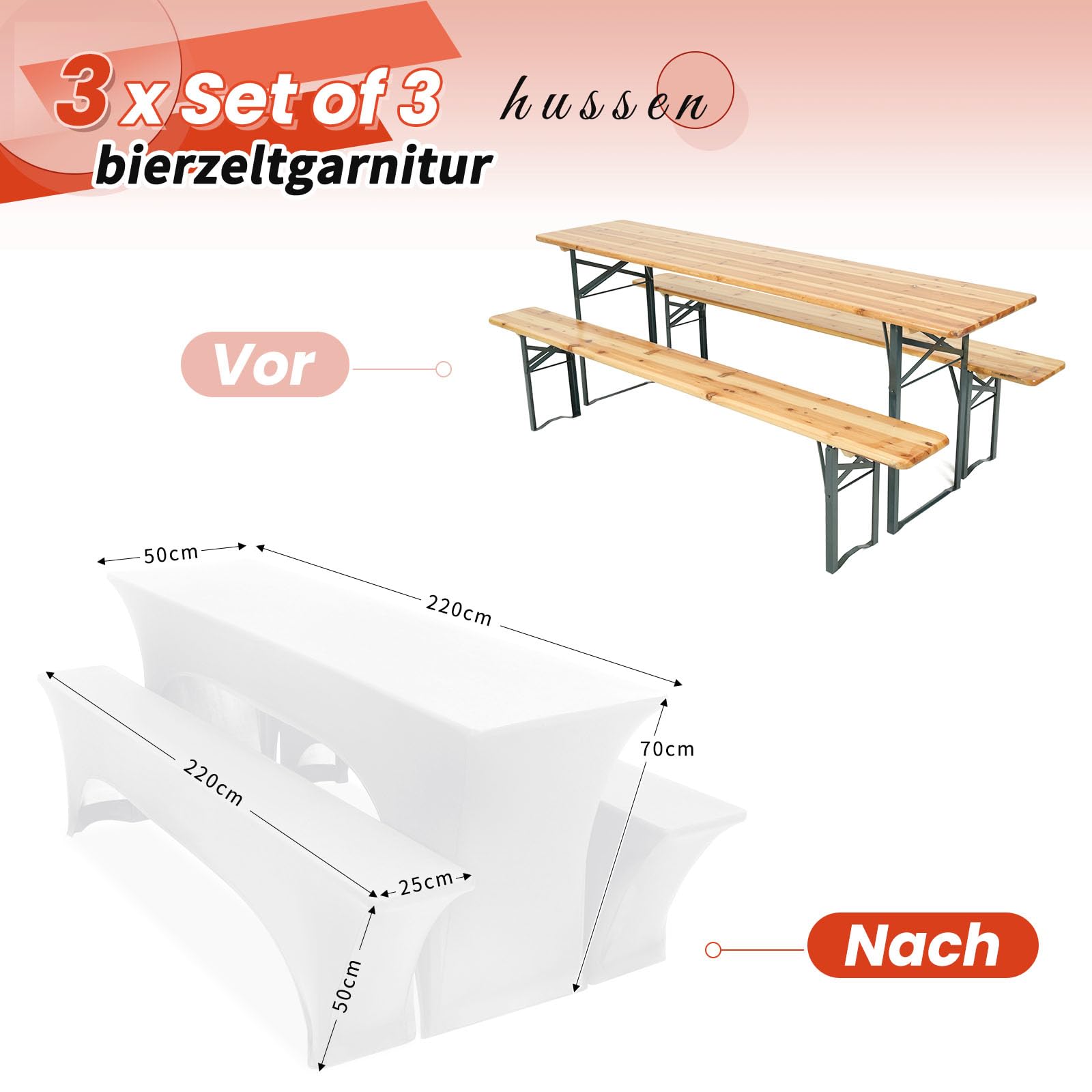 DREI 3er-Set Biertischhussen 220 x 50 x 70 cm, hussen bierzeltgarnitur, weiß, Stretch-Bezüge für Biertisch-und Bankgarnituren, Bierbankhussen, Spandex-Bierzeltgarnitur für Bankett