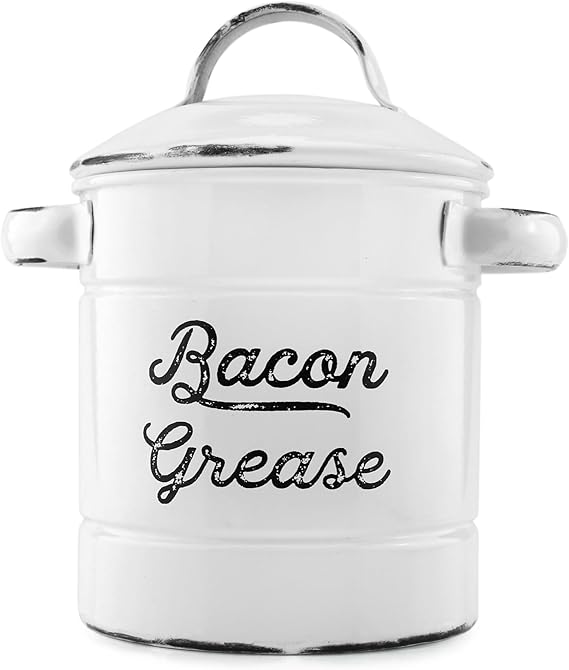 AuldHome Grease Container, White Enamelware Bacon Grease