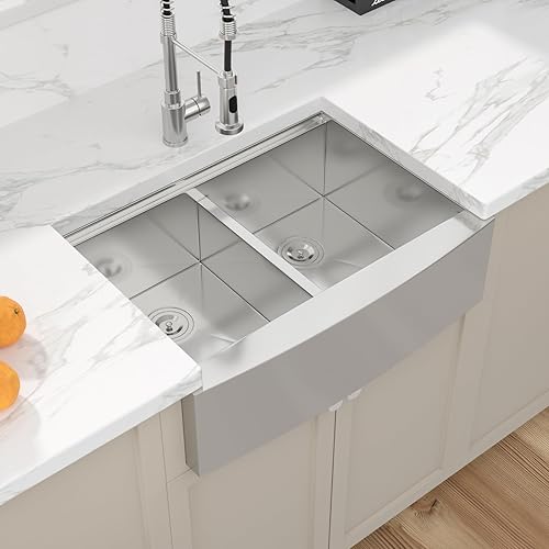 Miniatura 4 de Sarlai - Fregadero de granja de 30 pulgadas, cuenco doble de acero inoxidable de 30 x 22 pulgadas, estación de trabajo de granja de calibre 16,