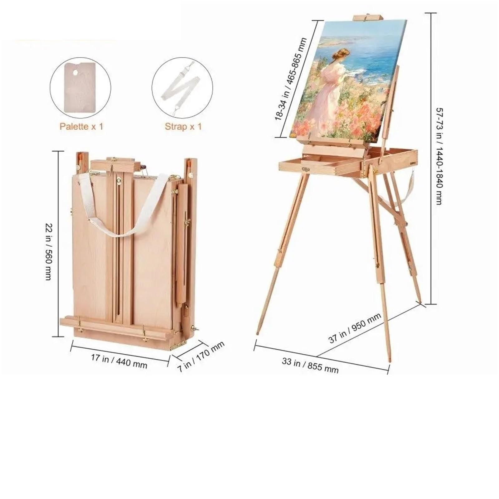 Tragbarer Malkoffer Faltbare Sketchbox-Staffelei aus Buchenholz mit Schubladendesign for Leinwände bis zu 34 Zoll
