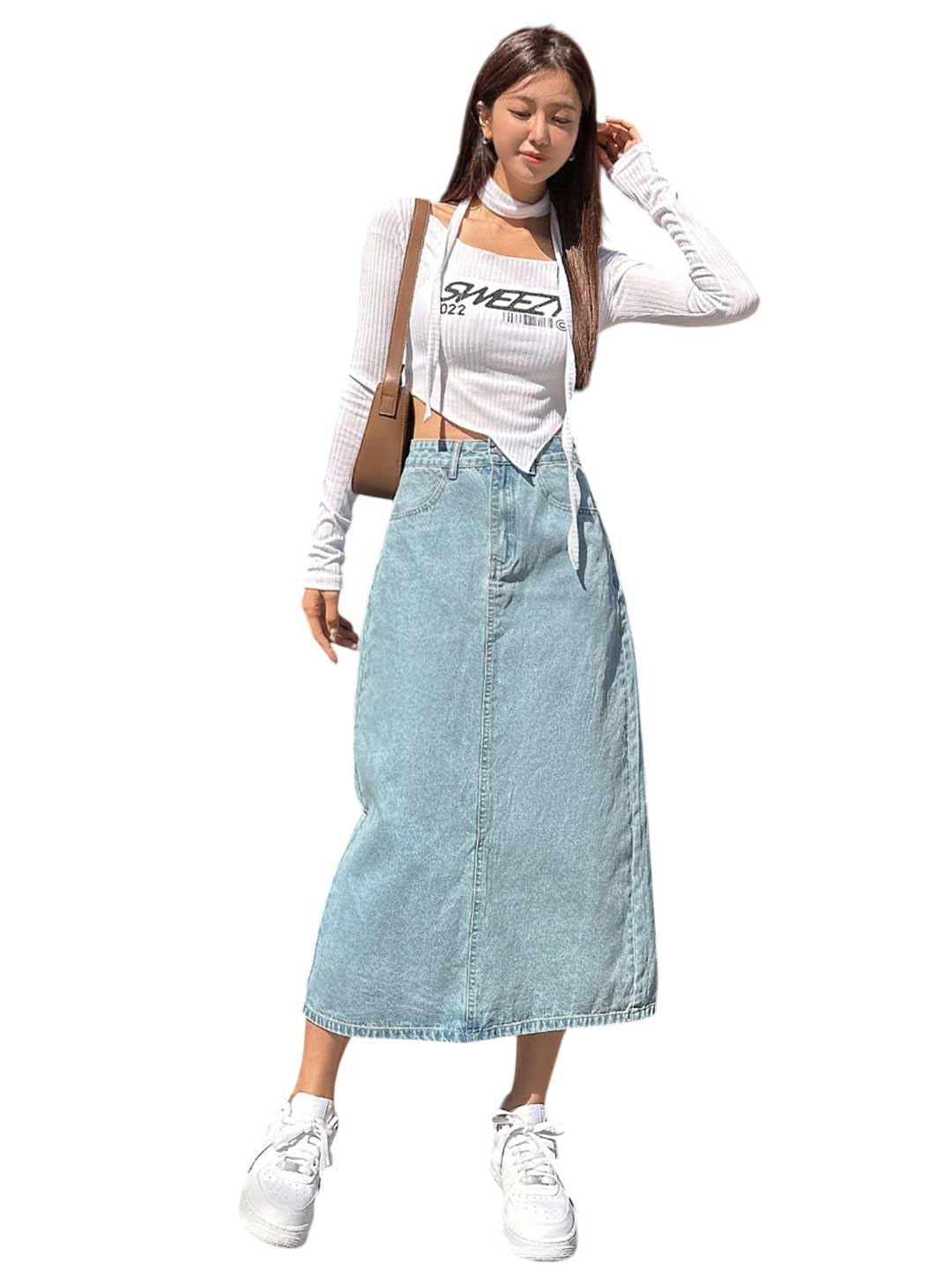 Women's Solid Bright Bluebonnet Midi Skirt-picture-52