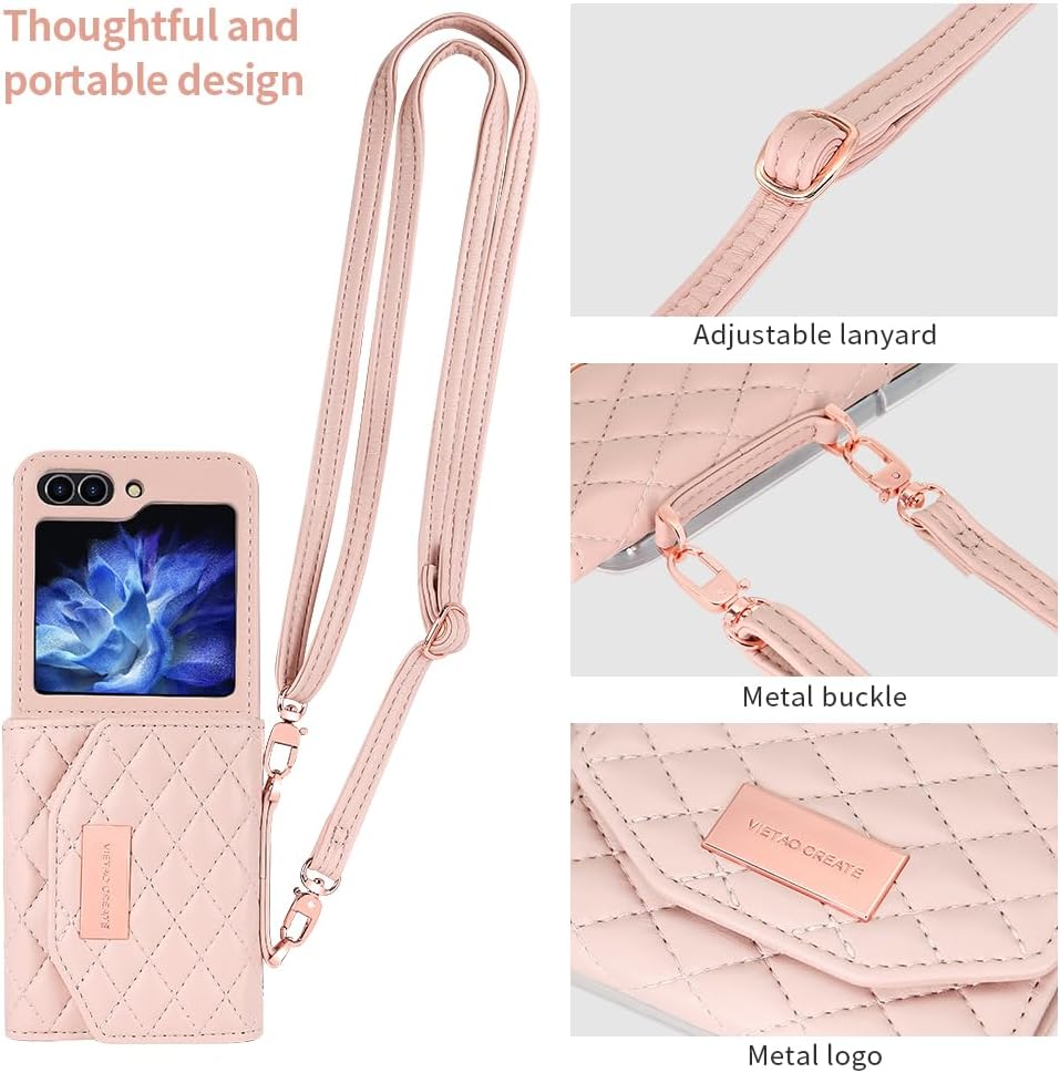 for Samsung Galaxy Z Flip 6 Wallet Case with Built-in Leather Cash Slot and Credit Card Holder, Adjustable Crossbody Strap, Hinge Protection for Women Ladies.(Pink)