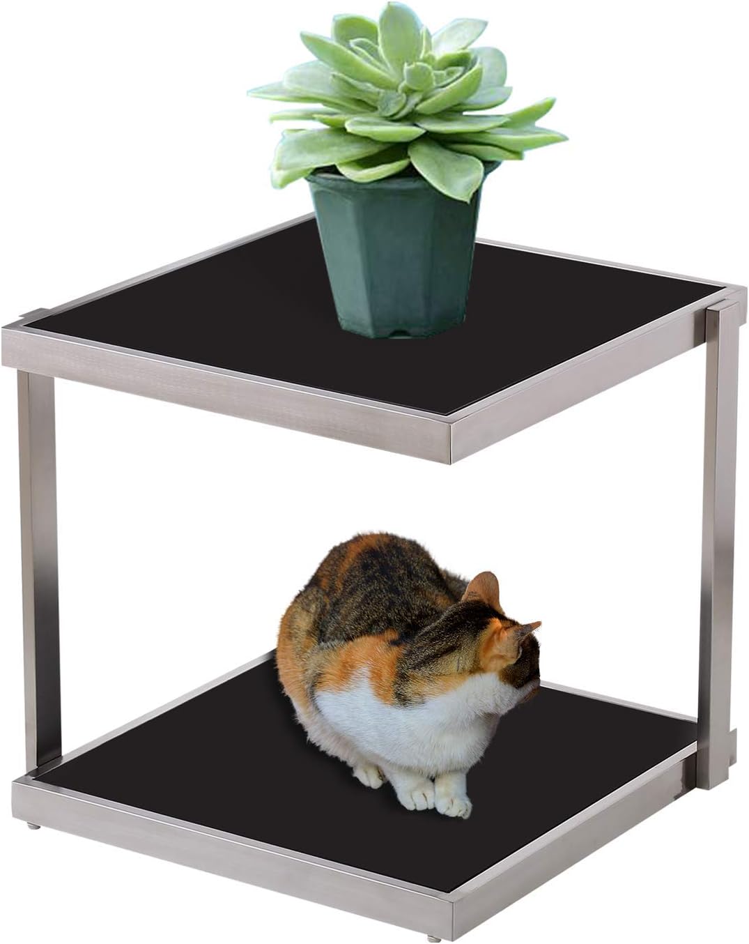 ZHOUBIN End Table, Black Glass Top and Silver Stainless Steel Modern Square Table, Easy Install
