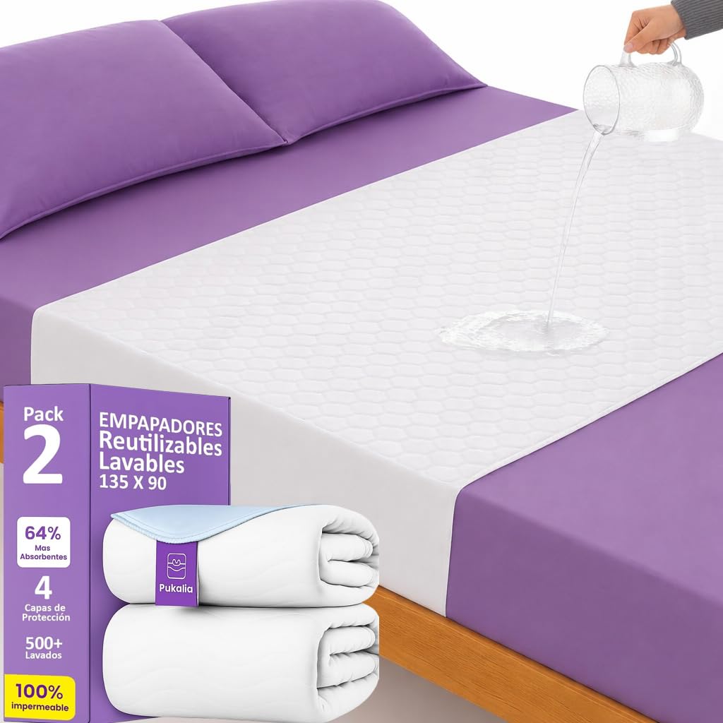 Empapadores Cama Adultos 135 x 85 cm (Pack X2) Reutilizable Super Absorbente -Lavables con Alas 4 Capas - Impermeable - Empapadores Bebe y Adulto - Protector de 135 y alas de 50cm
