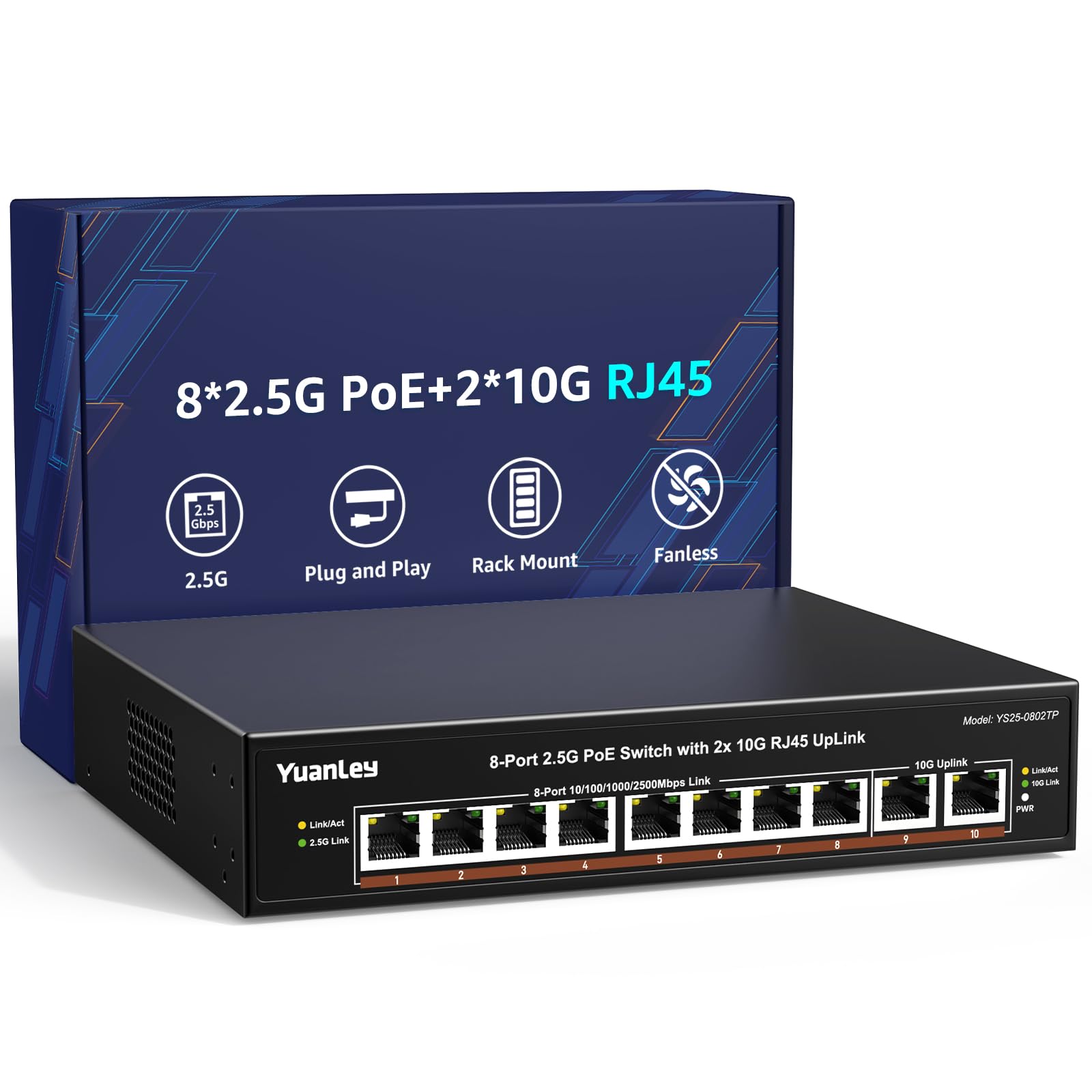 YuanLey 8 Ports Unmanaged 2.5G PoE Switch, 8 x 2.5G Base-T PoE Ports, 2 x RJ45 10G, 120W PoE Budget, Metal Enclosure Without Fan, 10 Port 2.5Gbe/10G PoE Ethernet Switch for NAS, PC Gaming, AP-image-28
