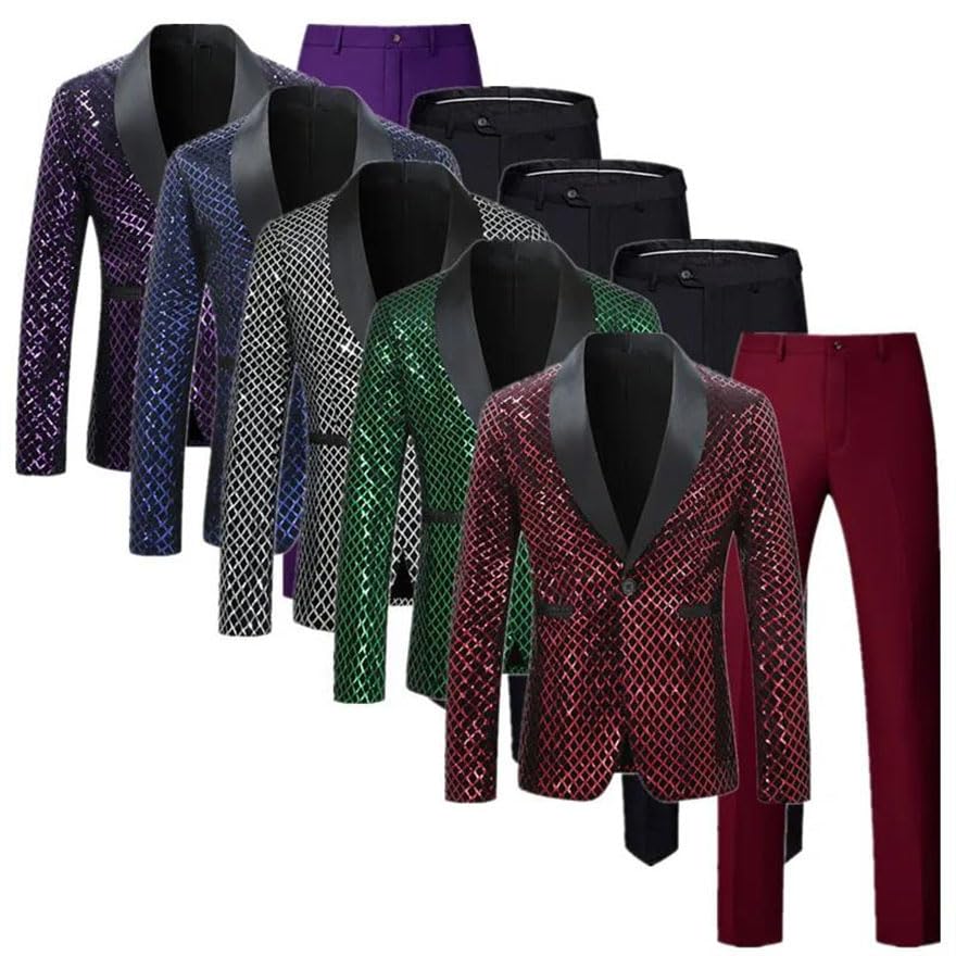 Men Sequins Plaid Suits Singer Host Prom Party Bar Stage Performance Dress Blazer Jacket and Pants Silver XL2