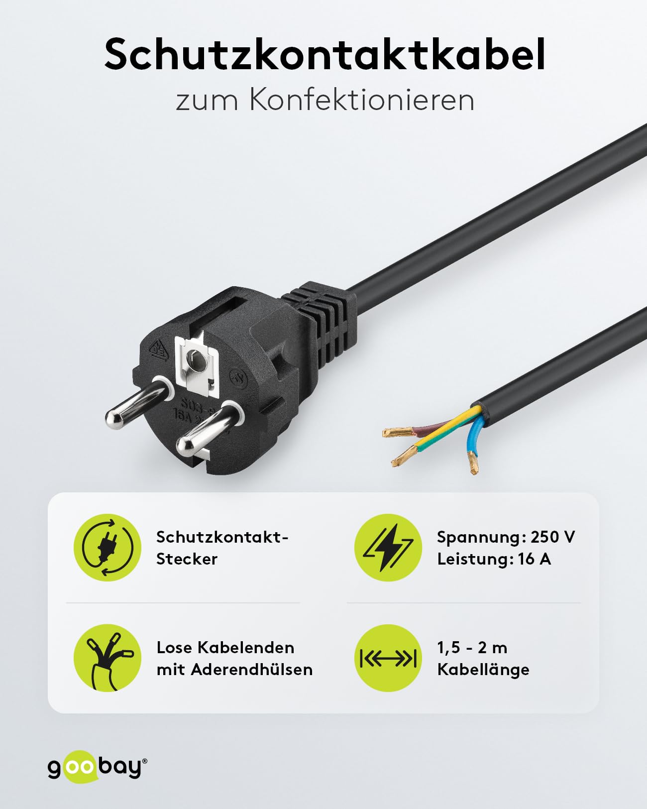 Goobay 94701 kabel zasilający z otwartymi końcówkami kabli i zaciśniętymi tulejkami kablowymi/prosta wtyczka ze stykiem ochronnym/uniwersalny kabel zasilający/czarny / 2 m
