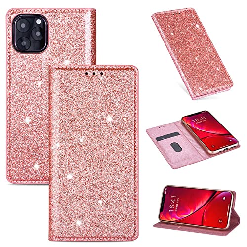 Étui portefeuille iPhone 13 14 Pro Max housse cuir pailleté or rose avec porte-cartes