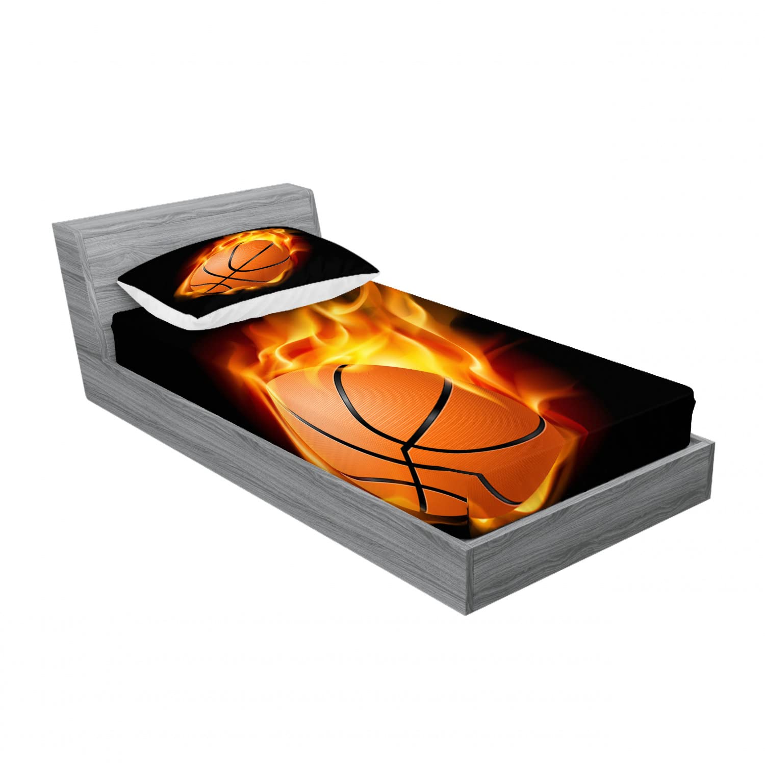 Ambesonne Sports 2 Pack Fitted Sheet & Pillow Sham Set, Basketball Shoot Art, 4 Pcs Bedding Decor, Package Contains 2 Twin Size Fitted Sheets & 2 Pillow Covers, Orange Black