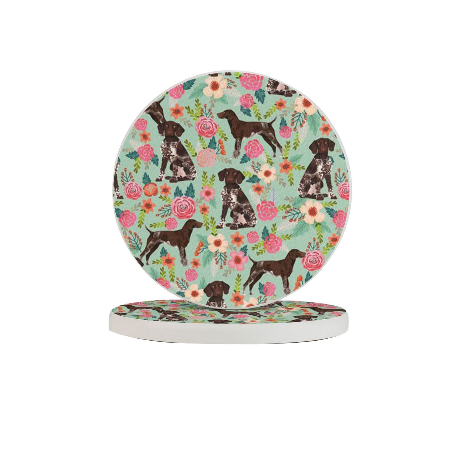 German Shorthaired Pointer and Floral Beautiful Four Pieces Coaster Heat-Resistant Reusable Saucers for Drinks Wine Glasses Plants Cups Mugs