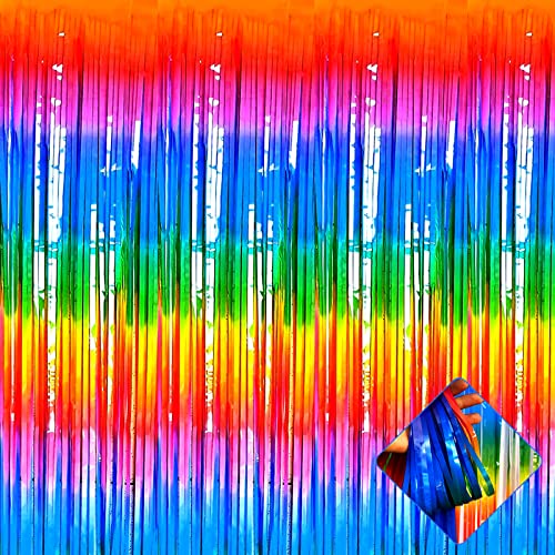 Image of 4 Pack 3.2Ft x 8.2Ft Rainbow Foil Fringe Curtain Backdrop, Colorful Metallic Tinsel Foil Fringe Streamers Curtains Background for Photo Booth, Birthday, Wedding, Halloween, Christmas Party Decoration