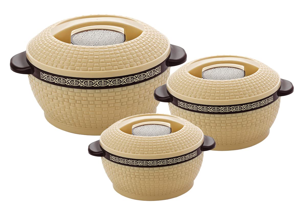 Rishabh Insulated Hot pot Casserole Hot & Cool Food Serving Dish with Lid, Double Wall. Stainless Steel Inside Set of 3 (Size 1500,2000, & 2500ml) (Cream)